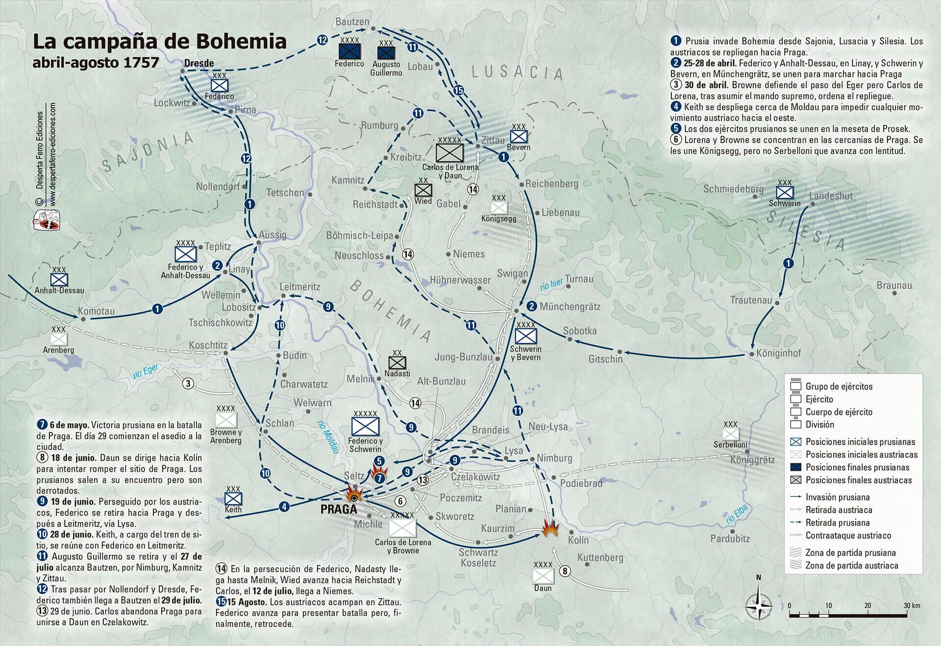 Mapa campaña de Bohemia 1757 Federico el grande Prusia Austria 