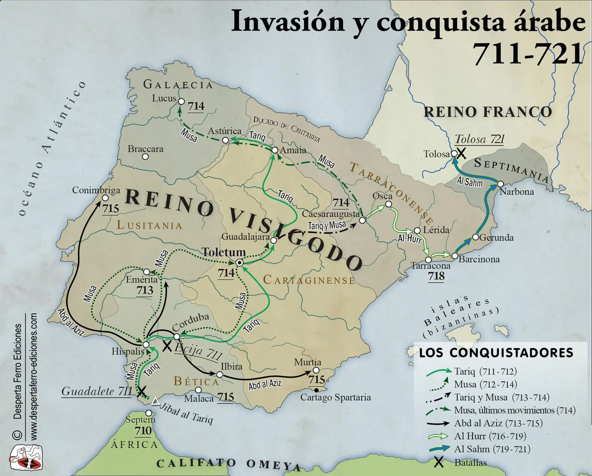 Mapa de la invasión árabe de España batalla de Guadalete