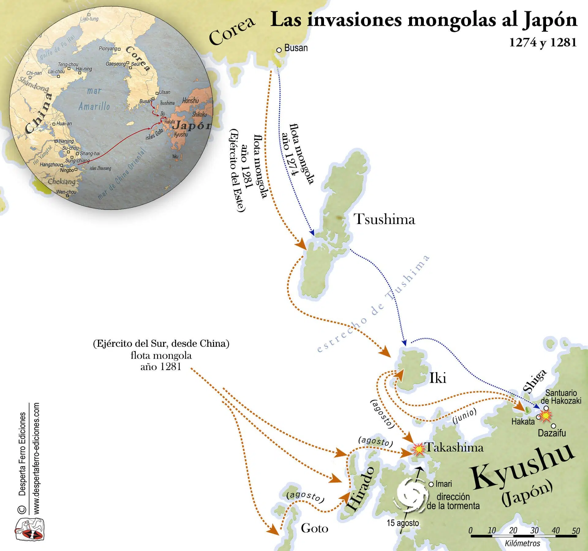 Mapa de las invasiones mongolas de Japón