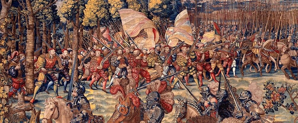 Guerra. Detalle tapiz batalla de Pavía 1525 revolución de la guerra
