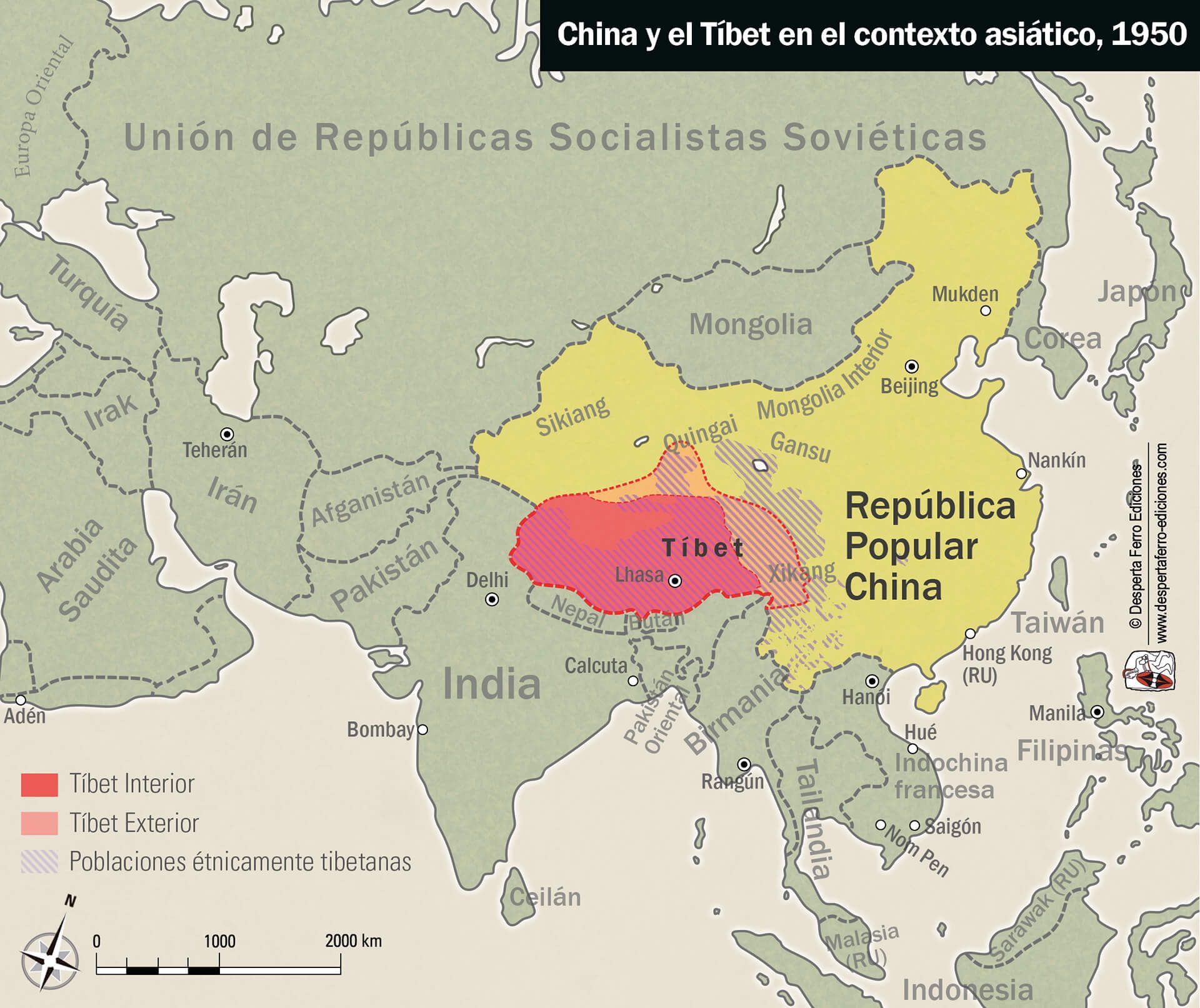 Mapa de invasión China del Tíbet